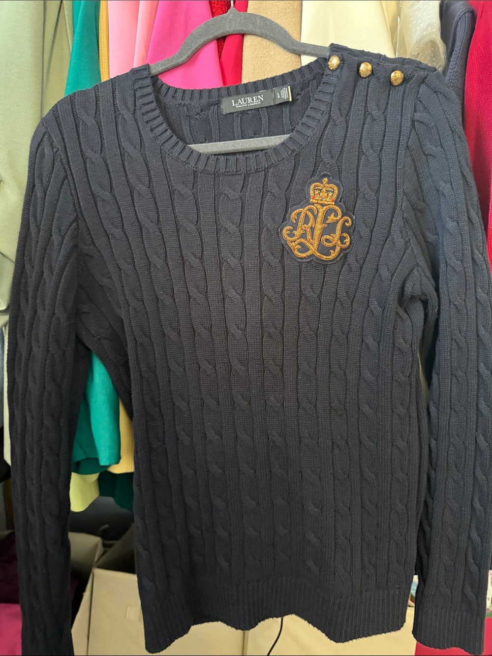 Lauren Ralph Lauren Navy Cable-Knit Crewneck Sweater with Gold Crest Buttons
